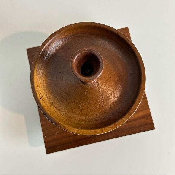 Vintage Walnut Wood MCM Lazy Susan Candle Holder 7 inch - Picture 3 of 7